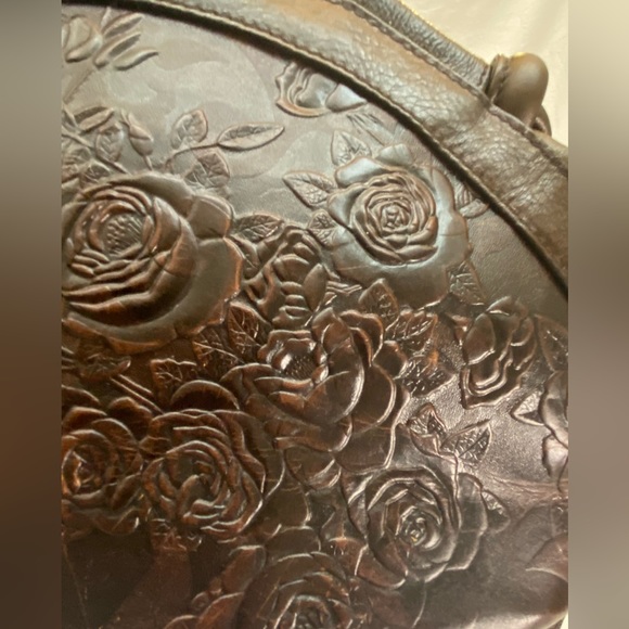 Retro Tooled Coffee Brown Leather Cowhide Two-Way Handbag Adjustable Strap EUC - Picture 5 of 16